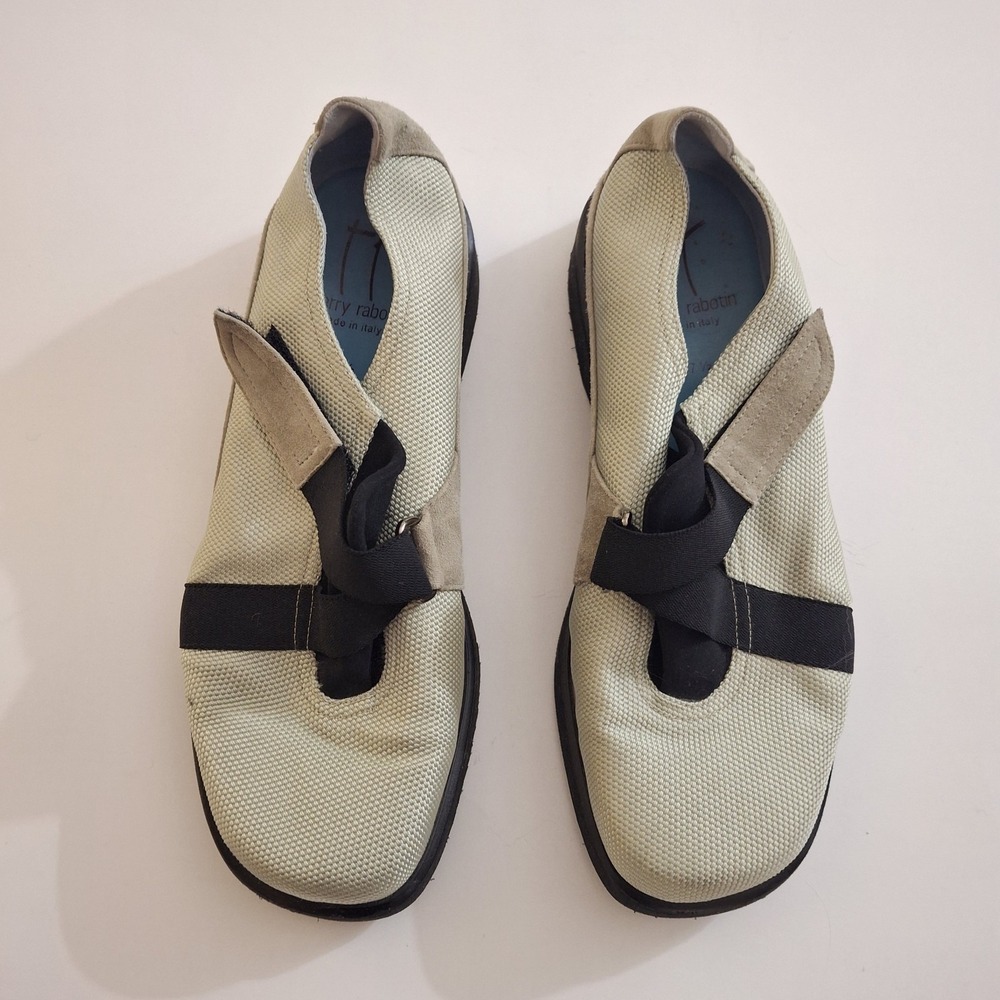 Thierry Rabotin Taupe Suede Trim Black Cross Strap Luxury Comfort‎ Shoes 37.5